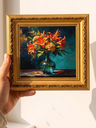 Orange red lilies vase oil - orange-red, in